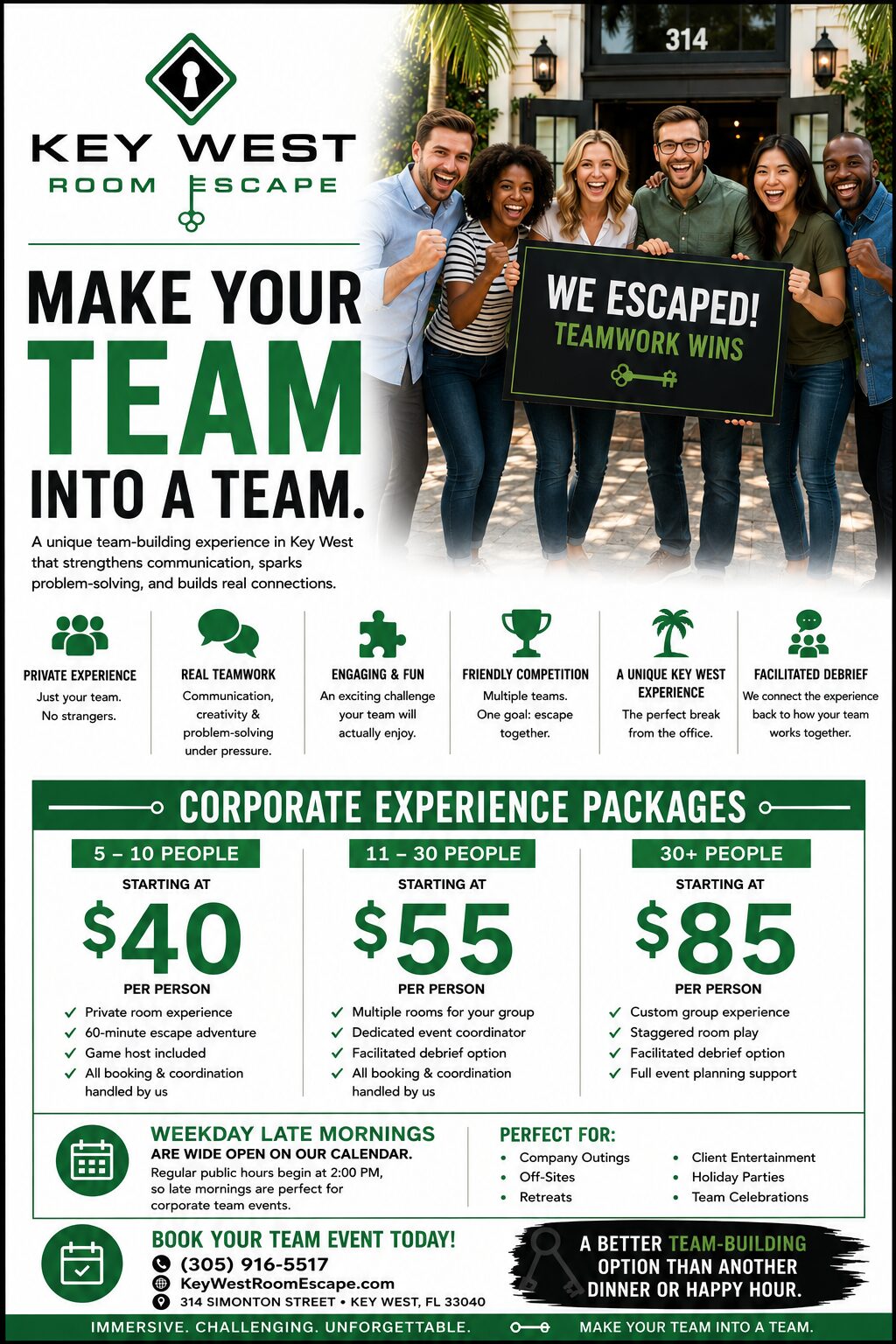 Key West Room Escape corporate team-building experience flyer with pricing packages for groups of 5 to 30 plus people