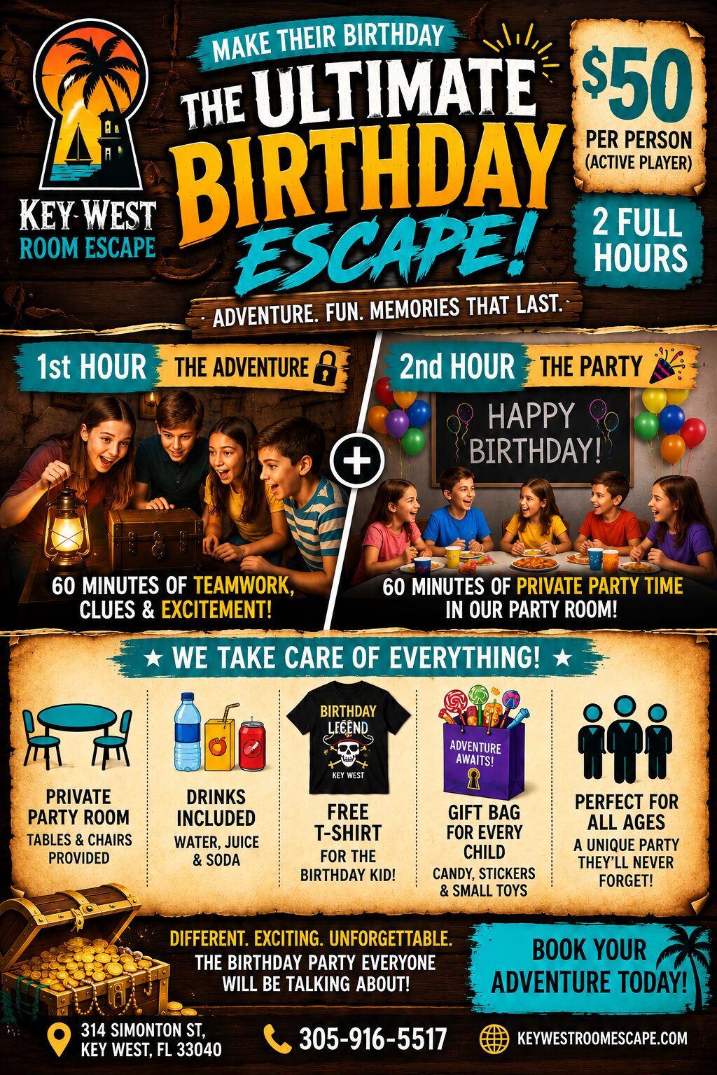 Key West Room Escape Ultimate Birthday Escape promotion flyer, $50 per person, 2 full hours of escape room adventure plus private party time